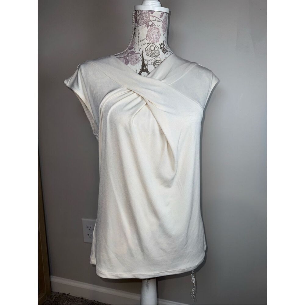 ANN TAYLOR Cream Wrap Front Sleeveless Blouse Top Shirt Size LP Large Peti